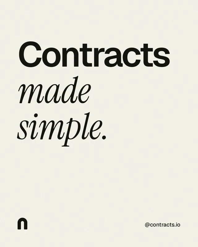 Instagram portrait post for contracts.io: "Contracts made simple." Editorial style, technique:mixed type lockup layout, light palette in white, grey.
