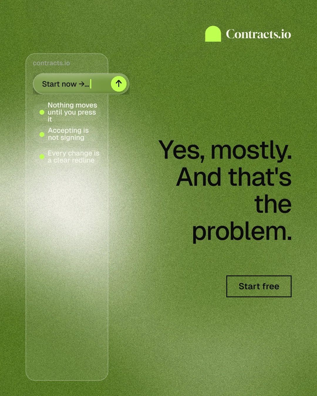 Instagram portrait post for contracts.io: "Yes, mostly. And that's the problem." Cyanotype style, right layout, light palette in green.