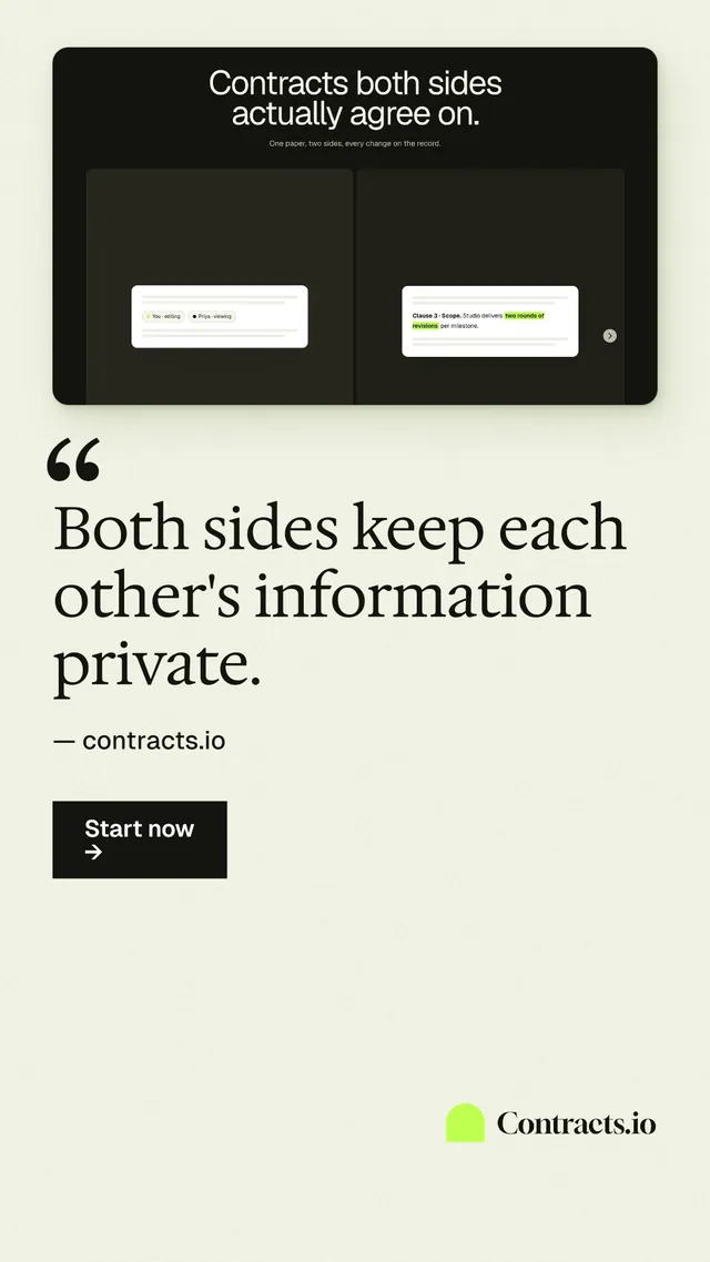 Instagram story for contracts.io: "Both sides keep each other's information private." Swiss style, quote layout, light palette in white, grey, green.