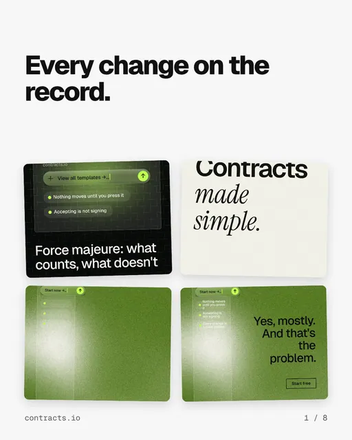 Carousel for contracts.io: "Every change on the record.". Collection carousel, 8 slides, light palette.