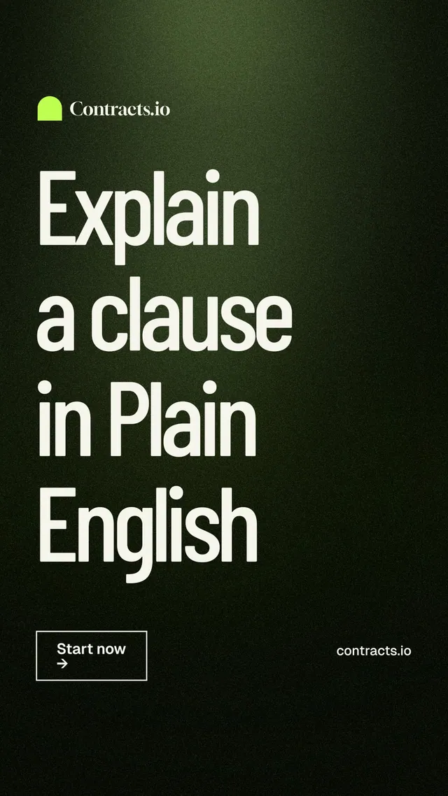 Instagram story for contracts.io: "Explain a clause in Plain English". Dark deco style, poster layout, dark palette in black, green, grey.