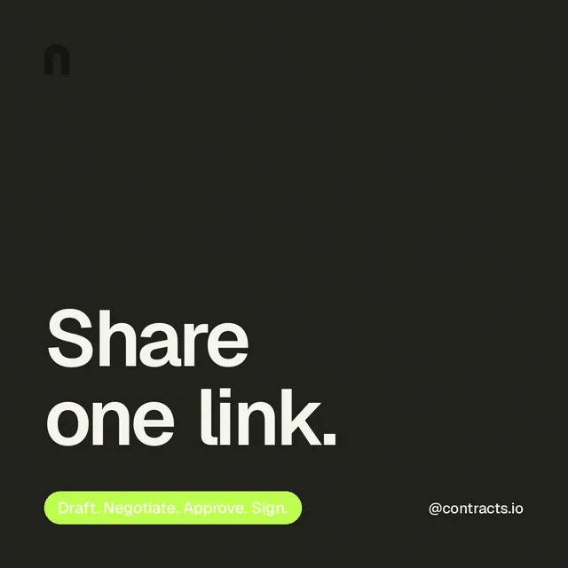 Instagram post for contracts.io: "Share one link." Caption style, technique:mixed type lockup layout, dark palette in black, green.