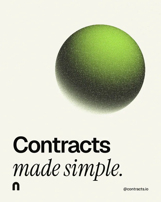 Instagram portrait post for contracts.io: "Contracts made simple." Auto 4x5 style, technique:shader field layout, light palette in white, grey.