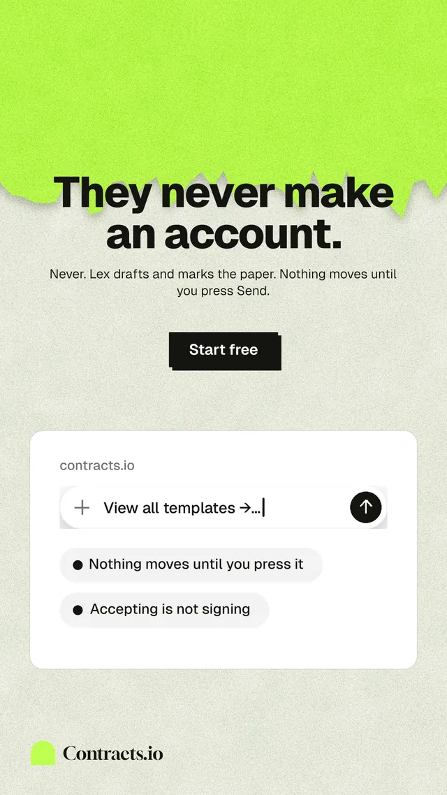 Instagram story for contracts.io: "They never make an account." Paper trio style, centred layout, light palette in green, white, grey.