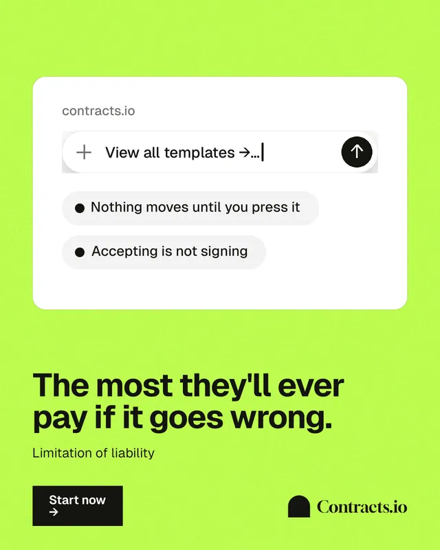 Instagram portrait post for contracts.io: "The most they'll ever pay if it goes wrong." Swiss style, bottom layout, light palette in green, white.