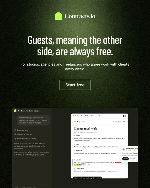 Instagram portrait post for contracts.io: "Guests, meaning the other side, are always free." Dark deco style, centred layout, dark palette in black, green, white.