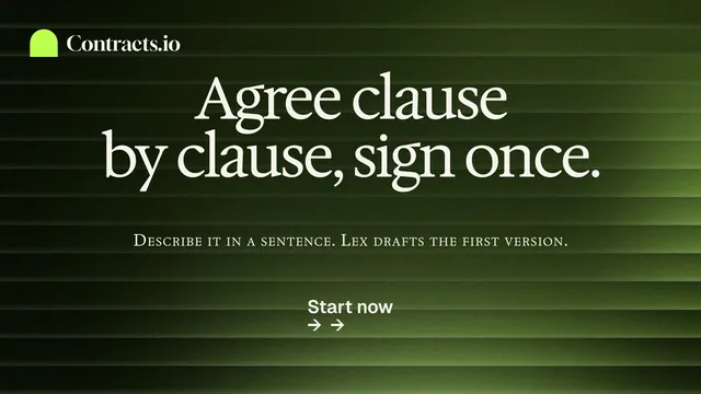 Landscape graphic for contracts.io: "Agree clause by clause, sign once." Swiss style, smallcaps layout, dark palette in black, green, grey.