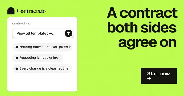 Social ad for contracts.io: "A contract both sides agree on". Swiss style, right layout, light palette in green.
