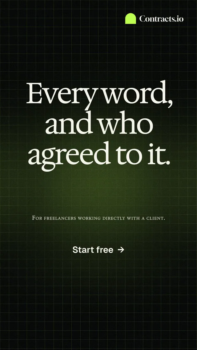 Instagram story for contracts.io: "Every word, and who agreed to it." Phosphor atlas style, smallcaps layout, dark palette in black, green, grey.