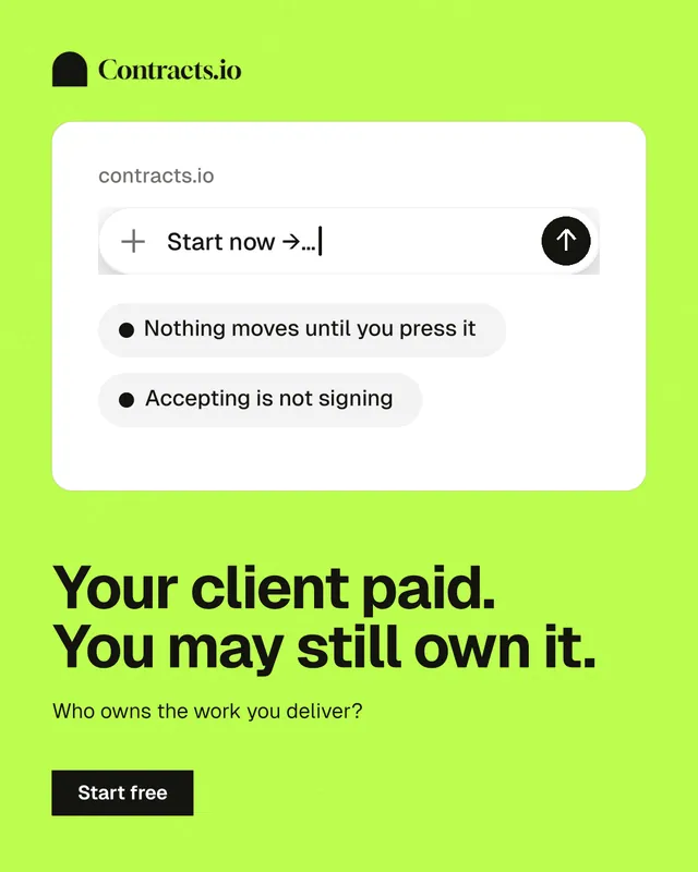 Instagram portrait post for contracts.io: "Your client paid. You may still own it." Swiss style, bottom layout, light palette in white, green.