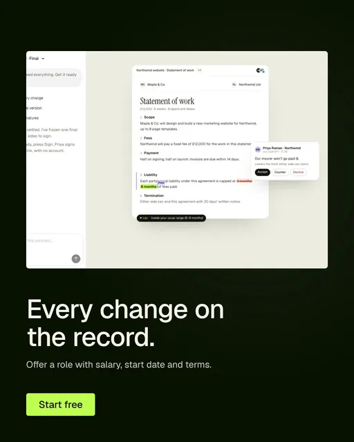 Video for contracts.io: "Every change on the record.". Doc motion loop, 7.0 s, light palette.