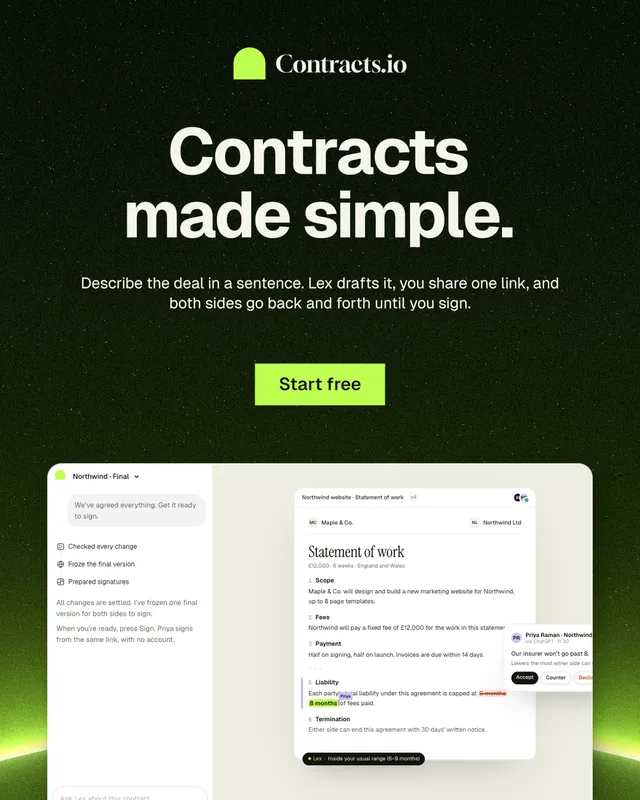 Instagram portrait post for contracts.io: "Contracts made simple." Swiss style, centred layout, light palette in black, white, grey.