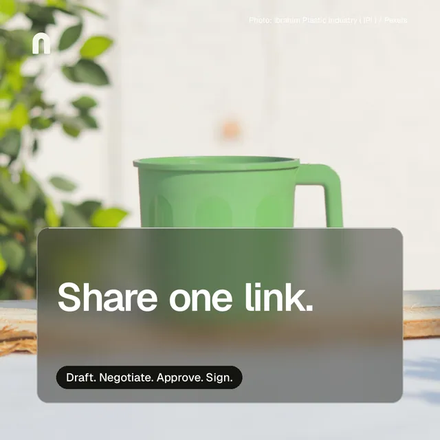 Instagram post for contracts.io: "Share one link." Glass style, technique:pexels ingredient layout, light palette in grey, orange, white.