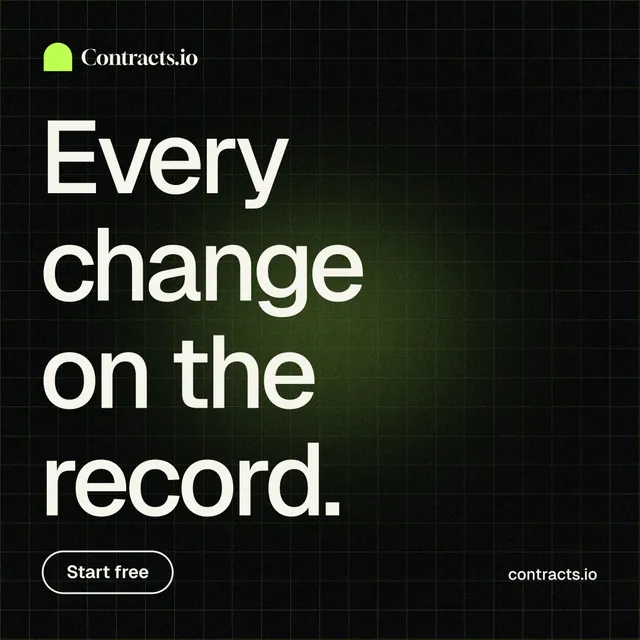 Instagram post for contracts.io: "Every change on the record." Phosphor atlas style, poster layout, dark palette in black, grey.