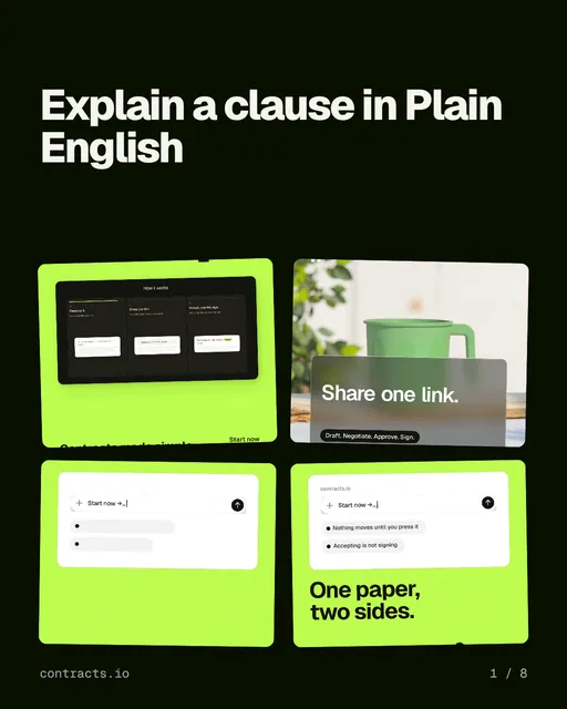 Carousel for contracts.io: "Explain a clause in Plain English". Collection carousel, 8 slides, dark palette.