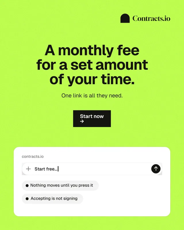 Instagram portrait post for contracts.io: "A monthly fee for a set amount of your time." Swiss style, centred layout, light palette in green.