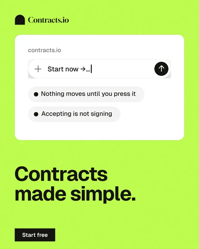 Instagram portrait post for contracts.io: "Contracts made simple." Swiss style, bottom layout, light palette in green, white.