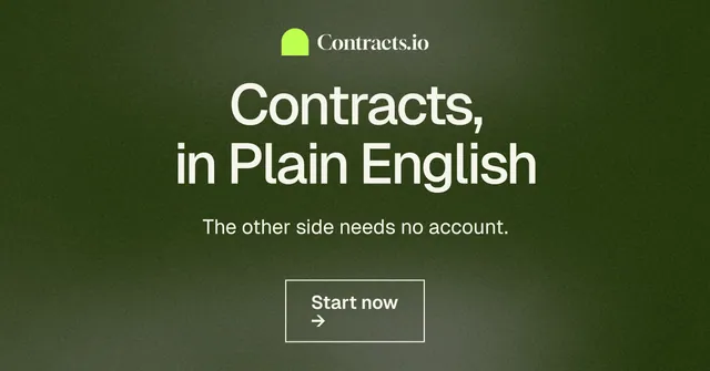 Social ad for contracts.io: "Contracts, in Plain English". Cyanotype style, centred layout, dark palette in green, grey.