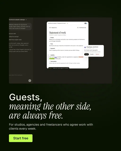 Video for contracts.io: "Guests, meaning the other side, are always free.". Doc motion loop, 8.0 s, dark palette.