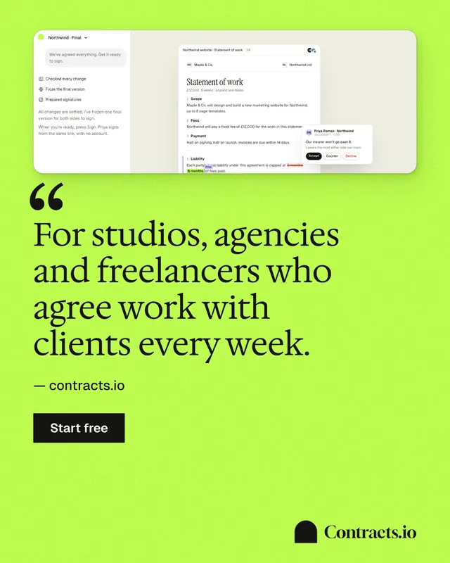 Instagram portrait post for contracts.io: "For studios, agencies and freelancers who agree work with clients every week." Swiss style, quote layout, light palette in green.