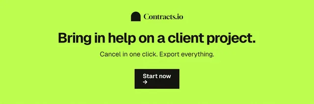 X header for contracts.io: "Bring in help on a client project." Swiss style, centred layout, light palette in green.