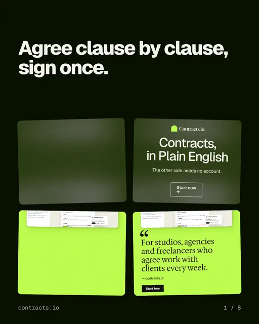 Carousel for contracts.io: "Agree clause by clause, sign once.". Collection carousel, 8 slides, dark palette.