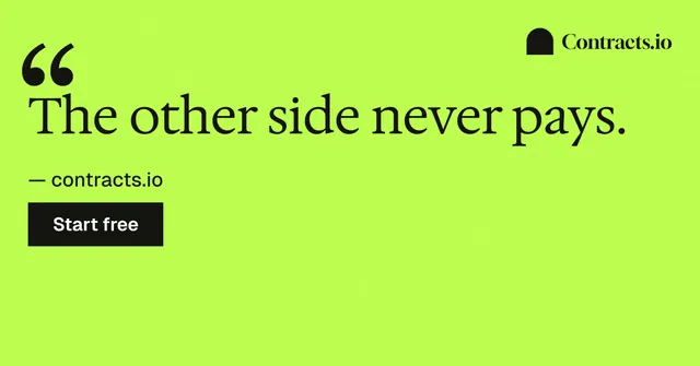 Social ad for contracts.io: "The other side never pays." Swiss style, quote layout, light palette in green.