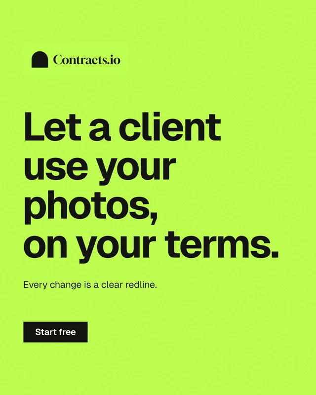 Instagram portrait post for contracts.io: "Let a client use your photos, on your terms." Swiss style, announce layout, light palette in green.