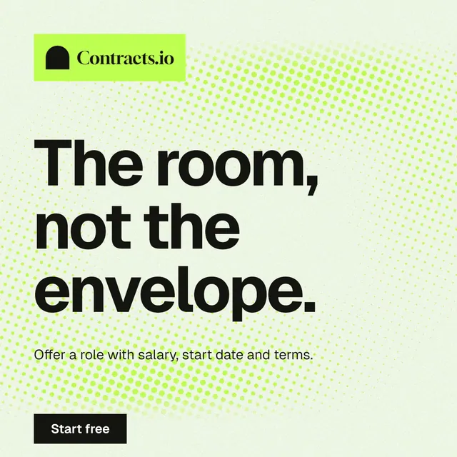 Instagram post for contracts.io: "The room, not the envelope." Swiss style, announce layout, light palette in white, green, grey.
