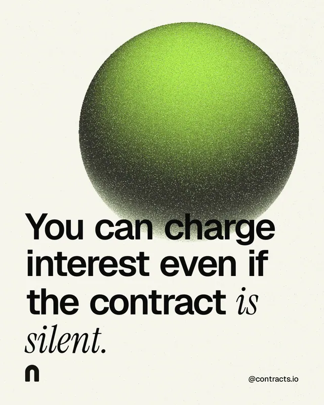 Instagram portrait post for contracts.io: "You can charge interest even if the contract is silent." Auto 4x5 style, technique:shader field layout, light palette in white, grey, green.