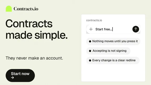 Landscape graphic for contracts.io: "Contracts made simple." Data card style, bottom layout, light palette in white, grey.