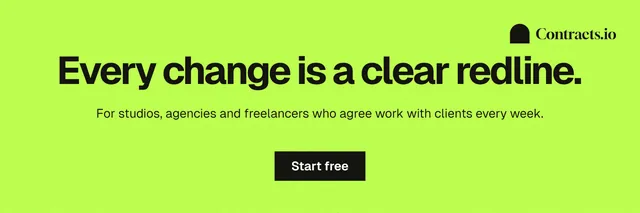 X header for contracts.io: "Every change is a clear redline." Swiss style, centred layout, light palette in green.
