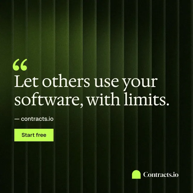 Instagram post for contracts.io: "Let others use your software, with limits." Swiss style, quote layout, dark palette in black, green.