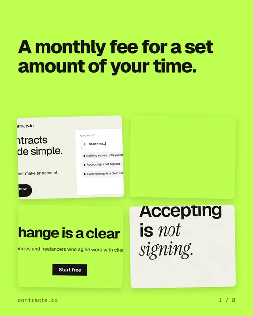 Carousel for contracts.io: "A monthly fee for a set amount of your time.". Collection carousel, 8 slides, light palette.
