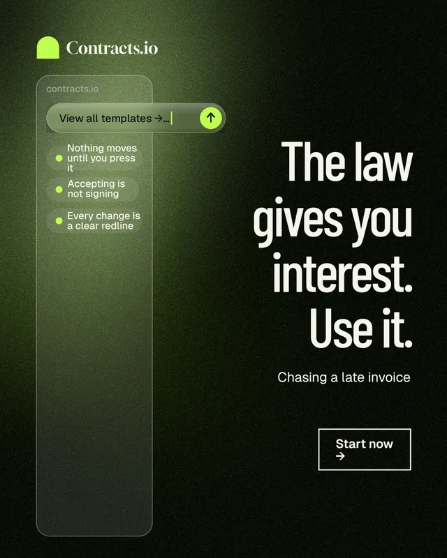 Instagram portrait post for contracts.io: "The law gives you interest. Use it." Dark deco style, right layout, dark palette in green, black, grey.