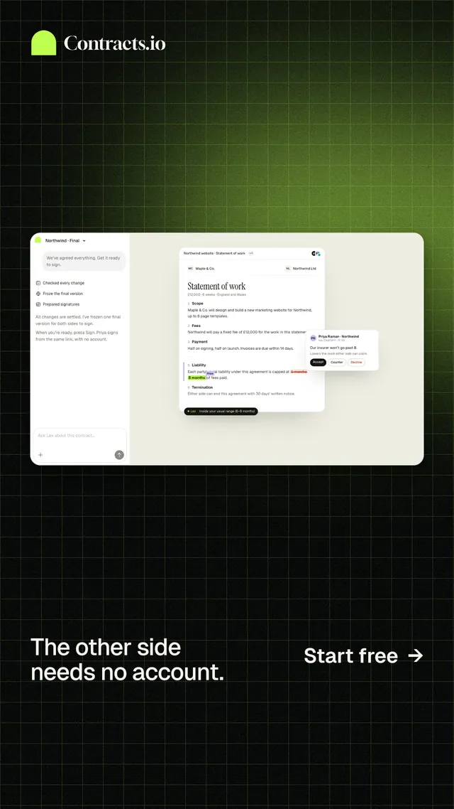 Instagram story for contracts.io: "The other side needs no account." Phosphor atlas style, image led layout, dark palette in white, black, green.