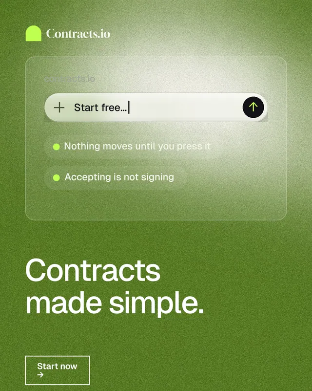 Instagram portrait post for contracts.io: "Contracts made simple." Cyanotype style, bottom layout, light palette in green.