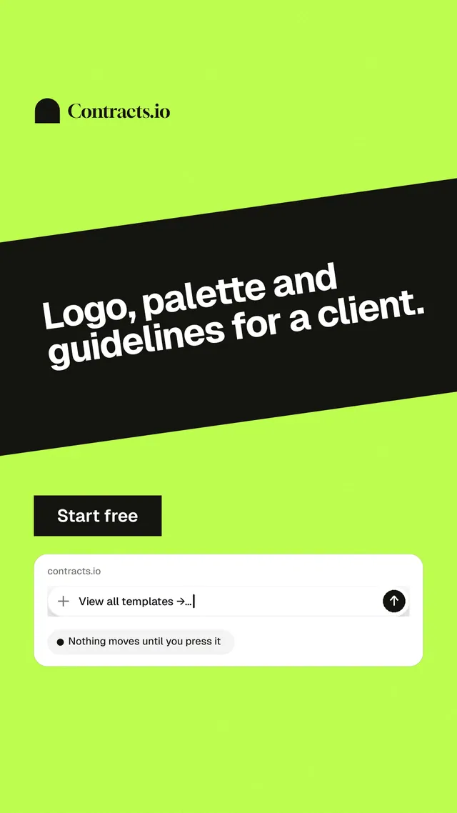 Instagram story for contracts.io: "Logo, palette and guidelines for a client." Swiss style, diagonal layout, light palette in green, grey.