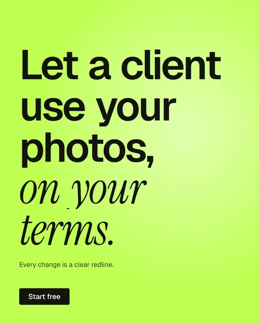 Video for contracts.io: "Let a client use your photos, on your terms.". Doc motion loop, 8.0 s, light palette.
