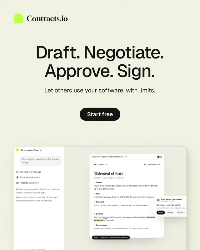 Instagram portrait post for contracts.io: "Draft. Negotiate. Approve. Sign." Data card style, centred layout, light palette in white, yellow, grey.