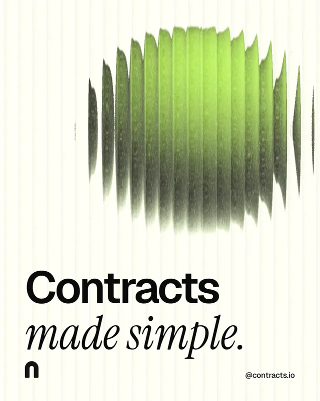 Instagram portrait post for contracts.io: "Contracts made simple." Auto 4x5 style, technique:shader field layout, light palette in white, grey, green.