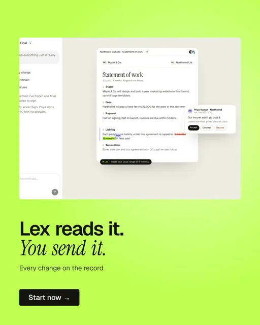 Video for contracts.io: "Lex reads it. You send it.". Doc motion loop, 6.0 s, light palette.