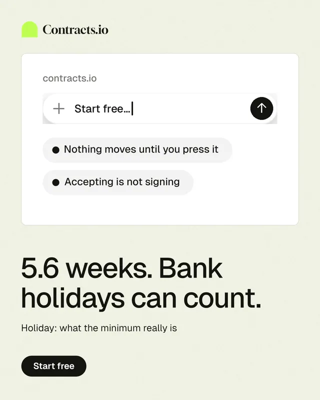 Instagram portrait post for contracts.io: "5.6 weeks. Bank holidays can count." Data card style, bottom layout, light palette in white, grey.