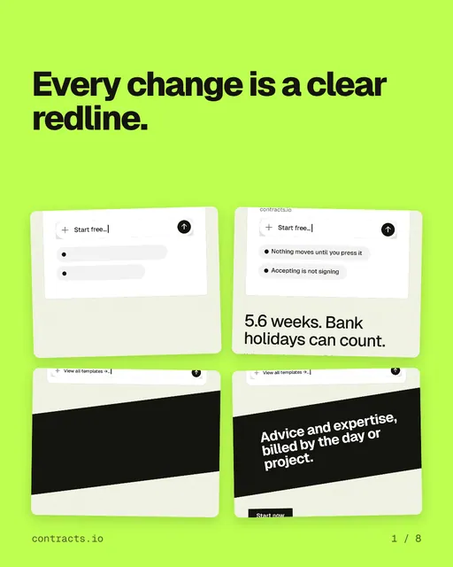 Carousel for contracts.io: "Every change is a clear redline.". Collection carousel, 8 slides, light palette.