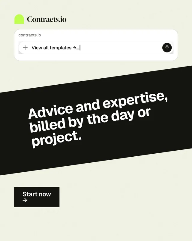 Instagram portrait post for contracts.io: "Advice and expertise, billed by the day or project." Swiss style, diagonal layout, light palette in white, black, green.