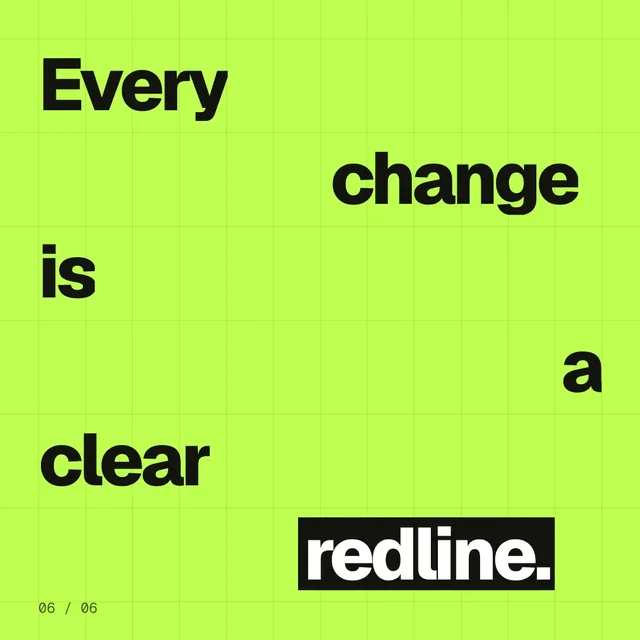 Video for contracts.io: "Every change is a clear redline.". Kinetic type grid, 6.0 s, light palette.