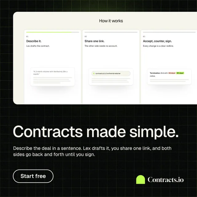 Instagram post for contracts.io: "Contracts made simple." Phosphor atlas style, bottom layout, light palette in white, black.