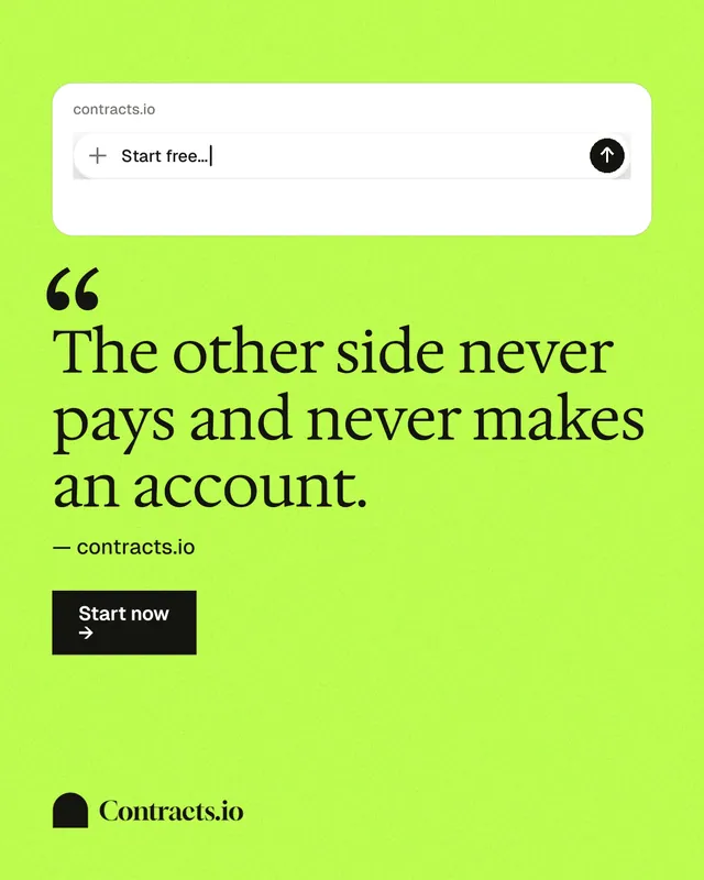 Instagram portrait post for contracts.io: "The other side never pays and never makes an account." Swiss style, quote layout, light palette in green.