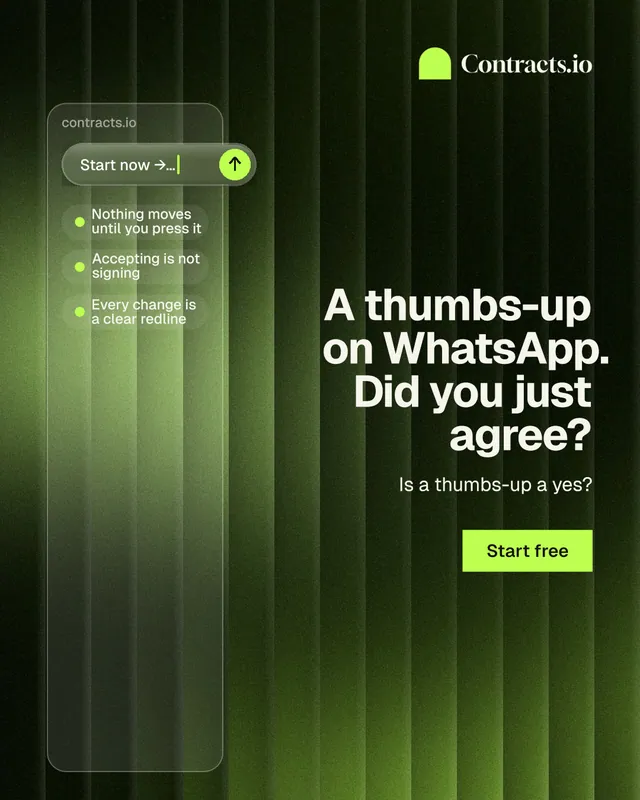 Instagram portrait post for contracts.io: "A thumbs-up on WhatsApp. Did you just agree?" Swiss style, right layout, dark palette in green, black.