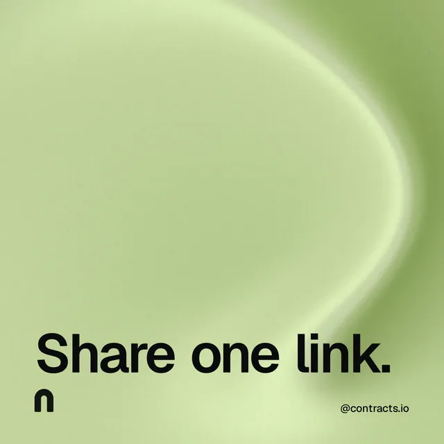 Instagram post for contracts.io: "Share one link." Auto 1x1 style, technique:shader field layout, light palette in green.